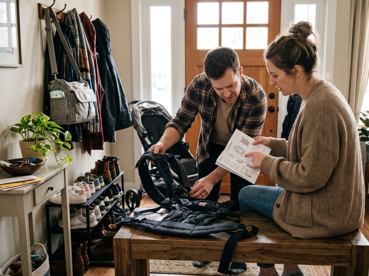 Two caregivers reviewing a baby carrier and its attachments together.